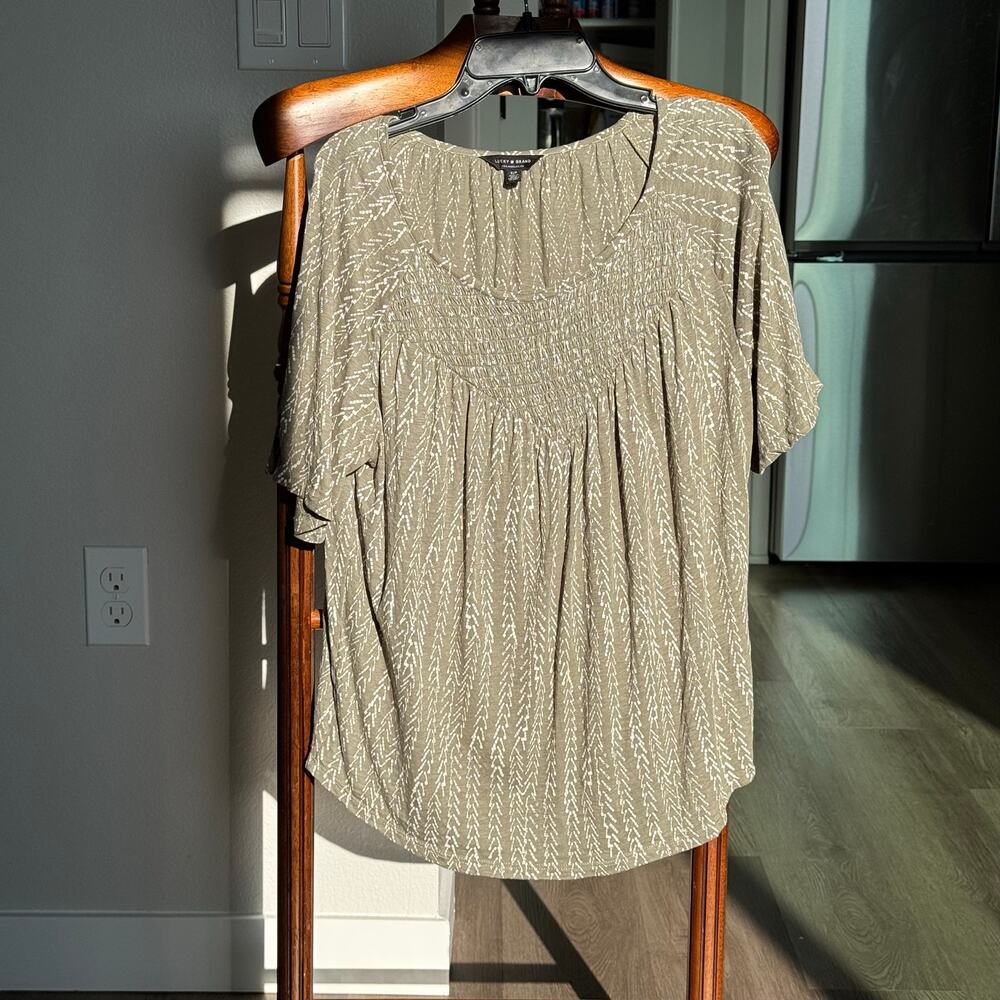 Lucky Brand Smocked Peasant Top Olive Green Boho Short Sleeve Cotton Modal S